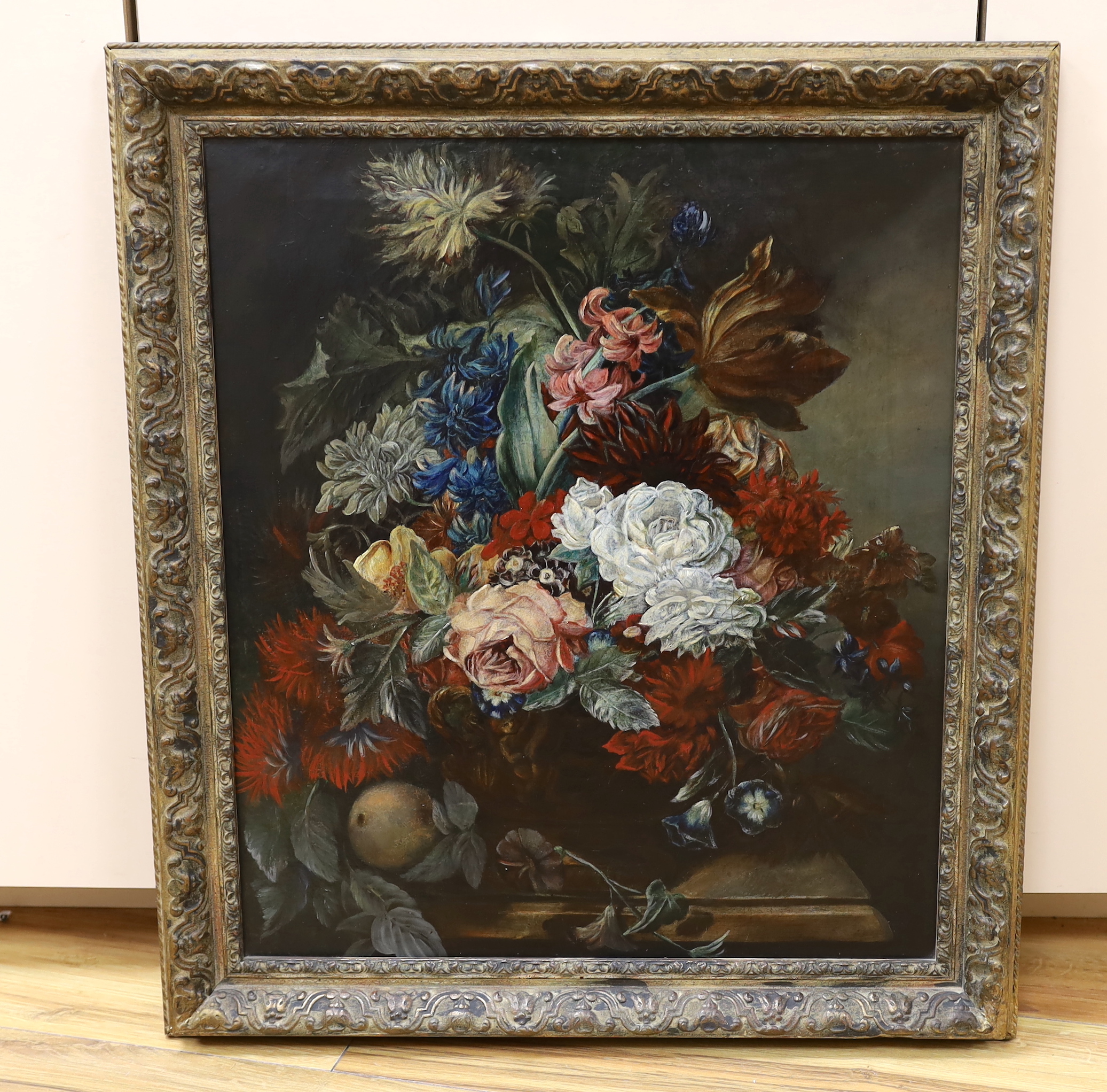 19th century Dutch School, oil on canvas, Still life of flowers, in a vase, upon a ledge, 52 x 45cm